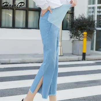 

Hzirip Fashion Maternity Fork Fresh New Style Casual Solid Blue Casual Hold Belly Female Pregnant Elastic Loose Wide Leg Pants