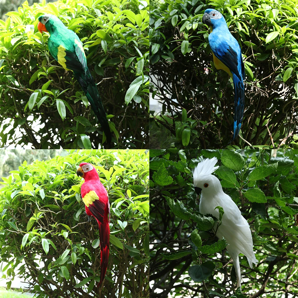 Set of 4 Feathered Realistic Parrot Home Garden Birds Decor Ornament