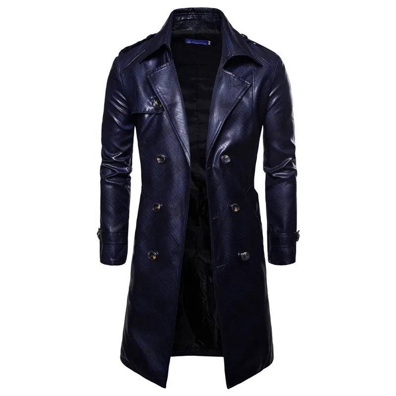 

Men Long Trench Coat 2019 New Fashion Slim Fit PU Leather Long Overcoat Double Breasted Autumn Winter British Male Coat Trench