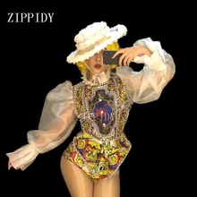 Модный сексуальный Золотой цветок кружева боди прозрачная сетчатая волоконная костюм сценическая танцевальная одежда Купальник для танцев концертное трико YOUDU