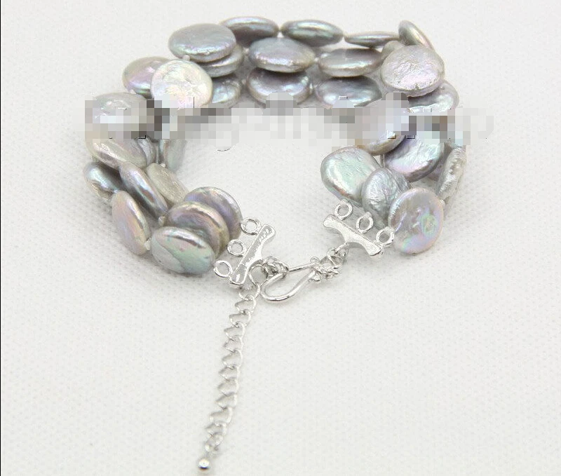 

Free shipping >>>>>>adjustable 7"-9.5" 3row 12mm coin fastener gray pearls bracelet j10037
