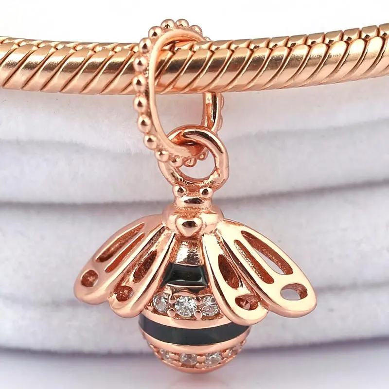 

New Rose Gold Black Enamel Stripes Queen Bee Necklace Pendant Fit Pandora Bracelet Diy Jewelry 925 Sterling Silver Bead Charm