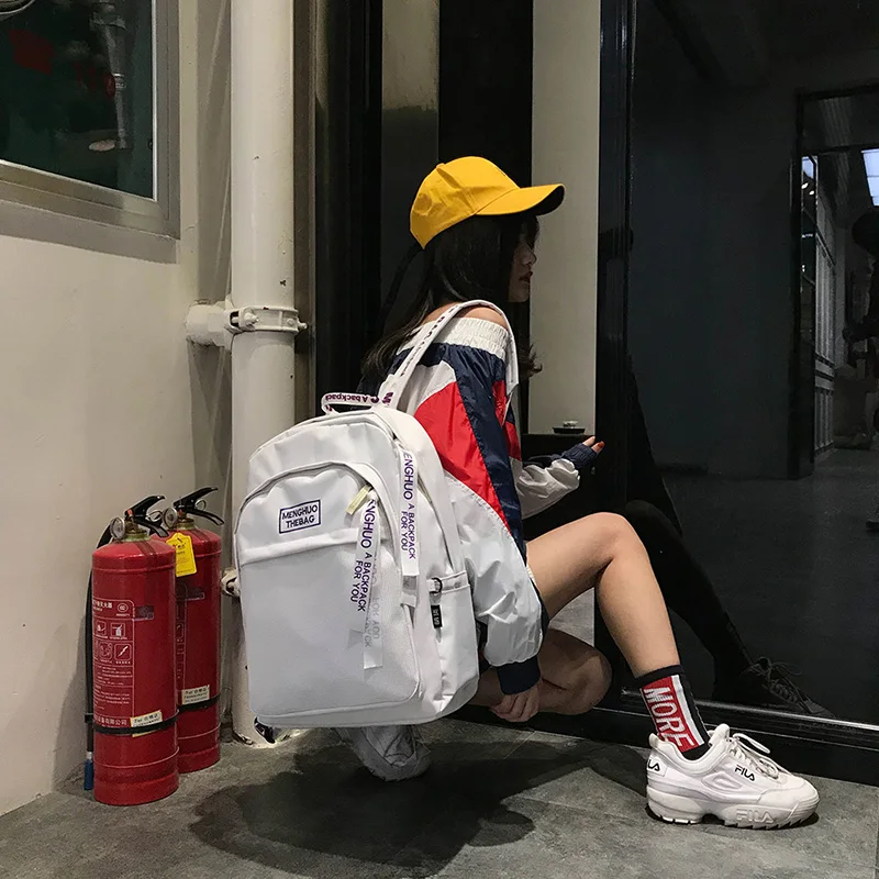 Menghuo Casual Unisex Boys Women Backpack Personality Letters Ribbons Backpack Mochila Big Students School Bag Girls Travel Bag (18)