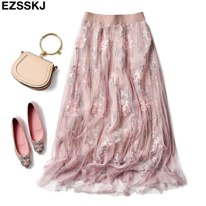 Высокого качества юбка элегантный цветочный Вышивка Многослойная сетка женские плиссированные юбки юбка пачка Высокая талия длинная юбка миди женский-in Юбки from Женская одежда on Aliexpresscom  Alibaba Group