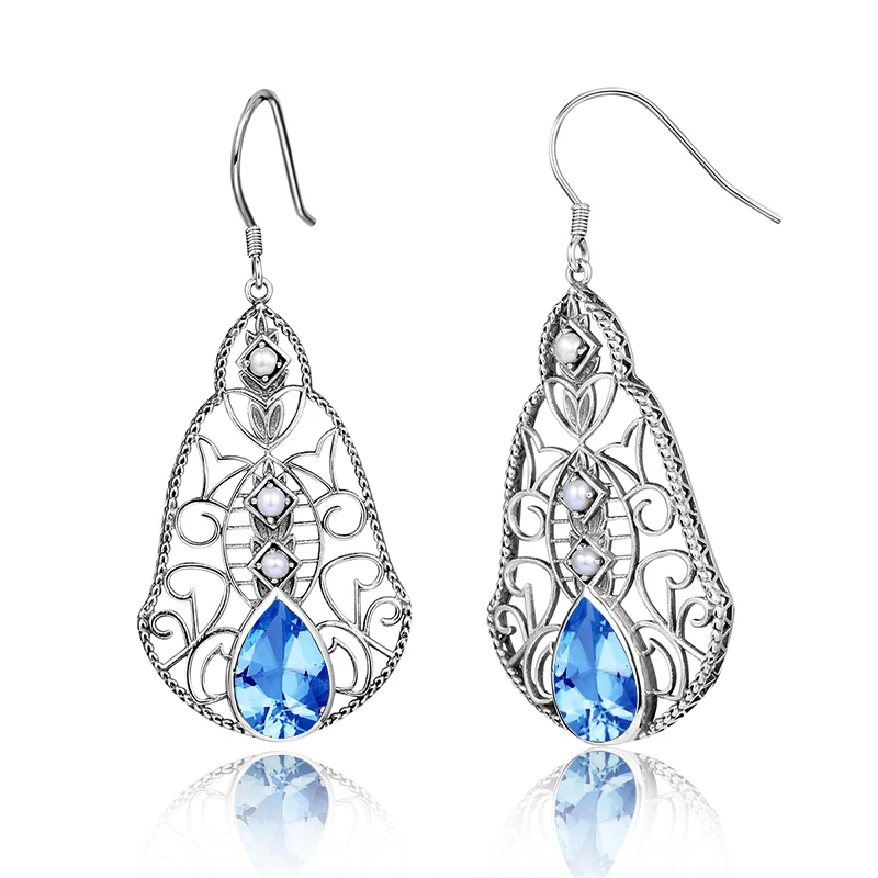 

Bohemia Vintage Earrings 925 Sterling Silver Jewelry Women Party Drop Earrings Created Sapphire Topaz CZ Stone Handmade Eardrops