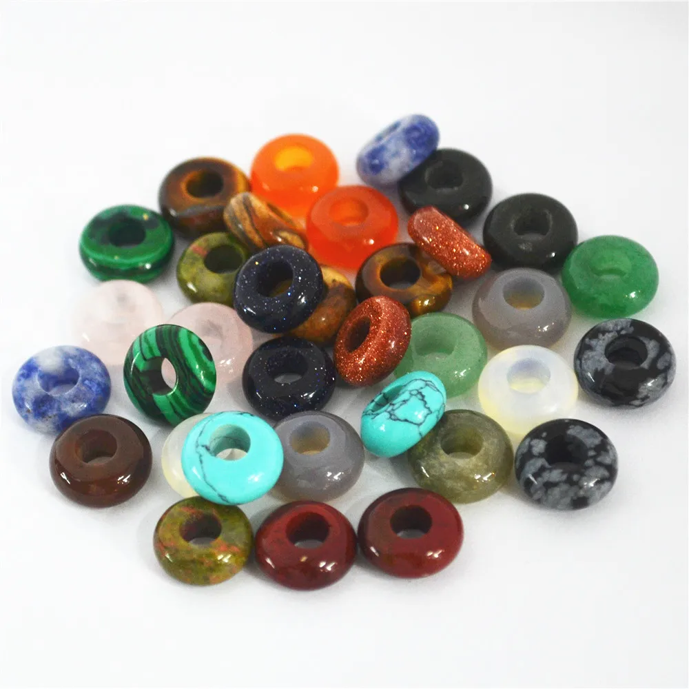 Модные высококачественные плоские бусины из натурального камня, 10 мм, смешанные, круглой формы, большое отверстие для браслета, 100 шт