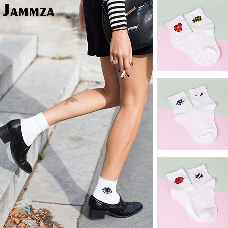 

Women Korea Fashion Cartoon Socks Spring Summer Cotton Street Art Vintage Eyes Lips Heart Print Socks Casual Solid Design Style