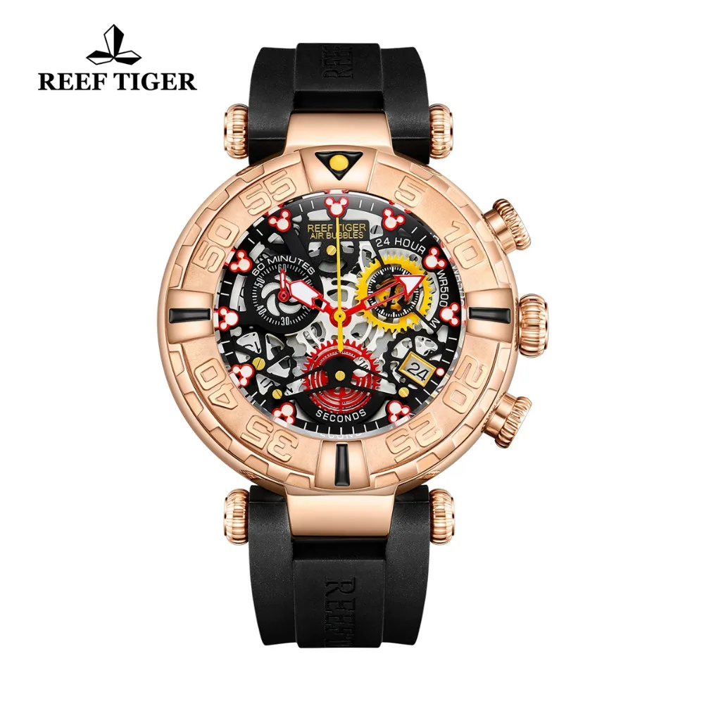  Reef Tiger/RT 2019 Luxury Brand Fashion Creative Watches Men Skeleton Watches Rubber Strap Rose Gol