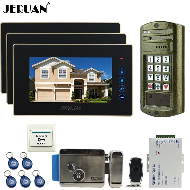 

HOME 7 inch TOUCH KEY Video DoorPhone Intercom System kit 3 Monitor +NEW Metal waterproof password HD IR Mini Camera +E-lock