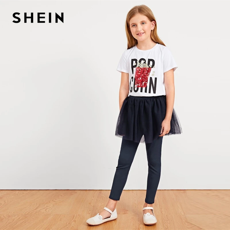 SHEIN Kiddie/белая Повседневная футболка с буквенным принтом и блестками для девочек; топы для девочек; коллекция года; летние корейские футболки с короткими рукавами; Одежда для девочек