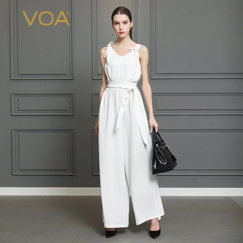

VOA Heavy Silk Solid White Jumpsuit Women Sexy V Neck Sleeveless Jumpsuits Plus Size 5XL High Waist Belt Tunic Summer K322