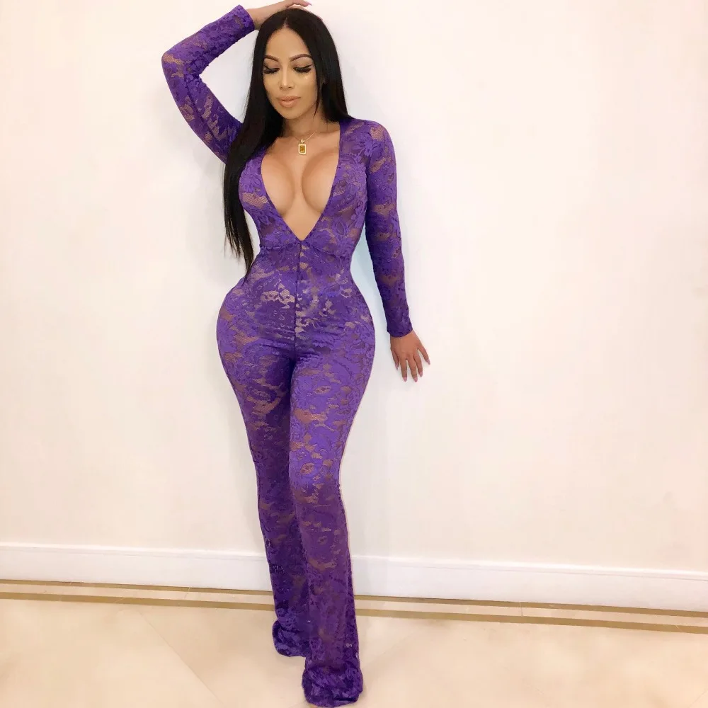

Sexy Spring Deep V Neck Lace Jumpsuits Flared Pants Casual Overalls Night Club Transparent Combinaison Women Skinny Playsuit
