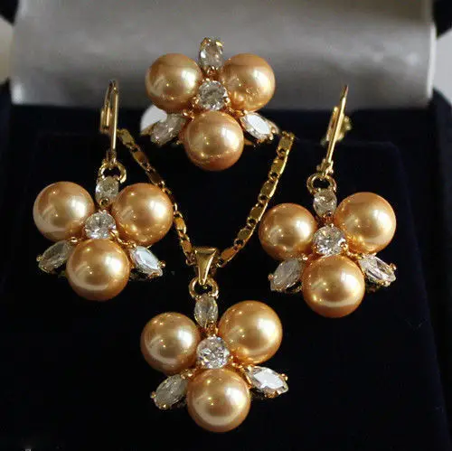 

Hot sale new Style >>>>Rare 8mm Yellow South Sea Shell Pearl Earrings Ring & Necklace Pendant Jewel Set
