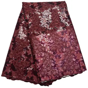 

2018 Latest Wine Red African Lace Fabric With Embroidery Mesh Tulle Nigerian Sequins Lace Fabrics For a wedding dress