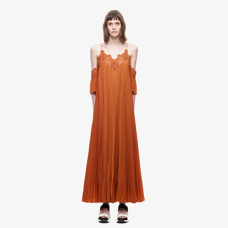 

2019 new autumn maxi long vintage style pleated dress women's hot sale elegant strap long dresses backless holiday dress