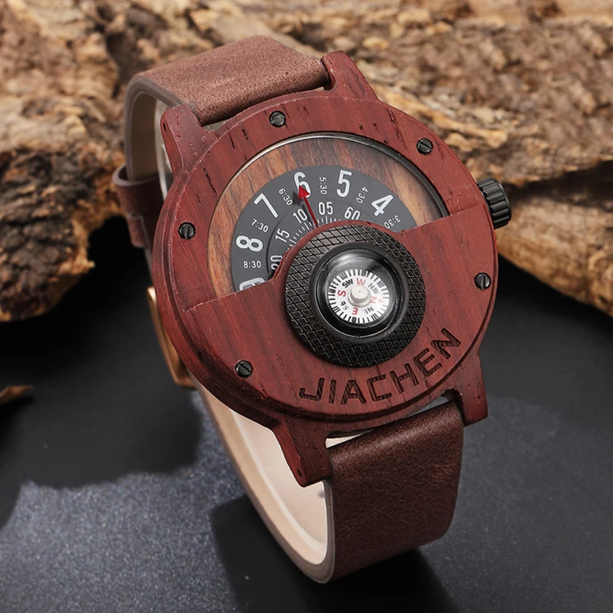 Unique Compass Turntable Number Design Mens Wooden Watch Men Brown Wood Leather Band Creative Natural Wrist Watches Relogio|Кварцевые