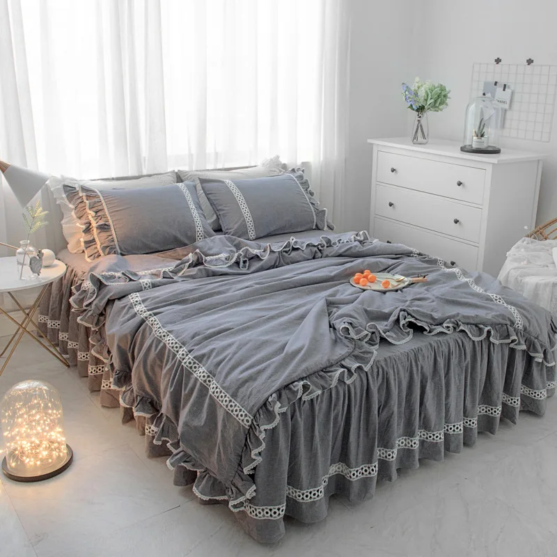 الكشكشة طقم سرير 100% غسلها غطاء لحاف من القطن مجموعة 3/4 قطعة bedskirt prinecess البياضات الأسود والأبيض طقم سرير الكبار غطاء سرير