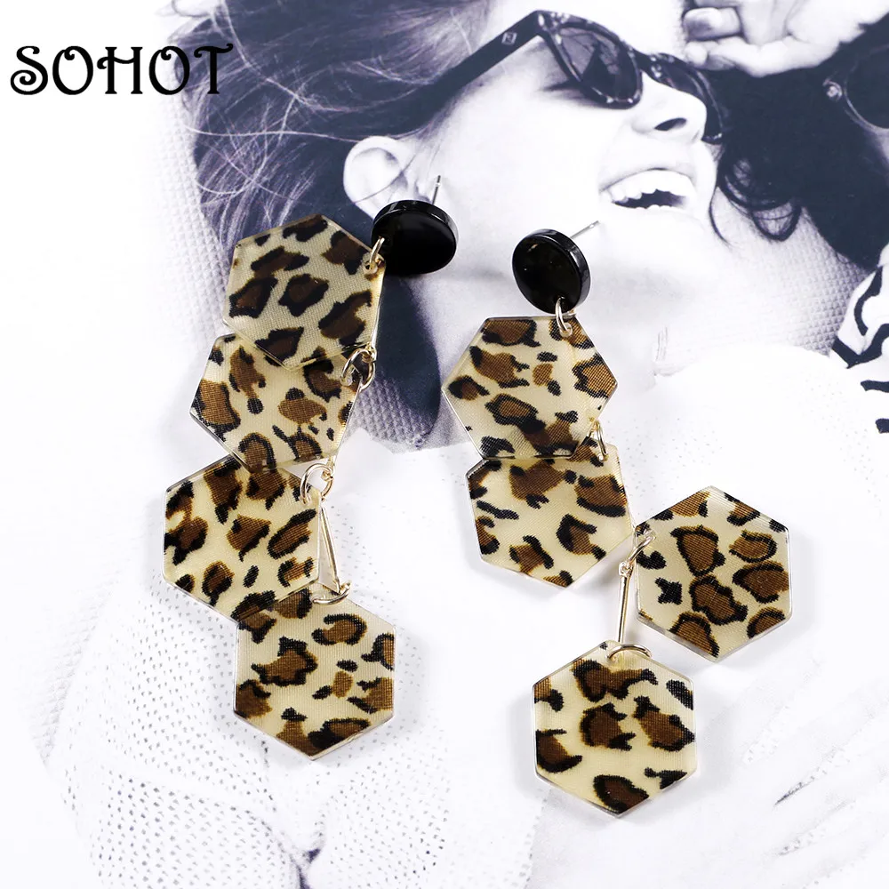 SOHOTSexy Leopard шестиугольник кисточкой Длинные акриловые ногти Для женщин падение Esrring в стиле панк Новая горячая Распродажа геометрический