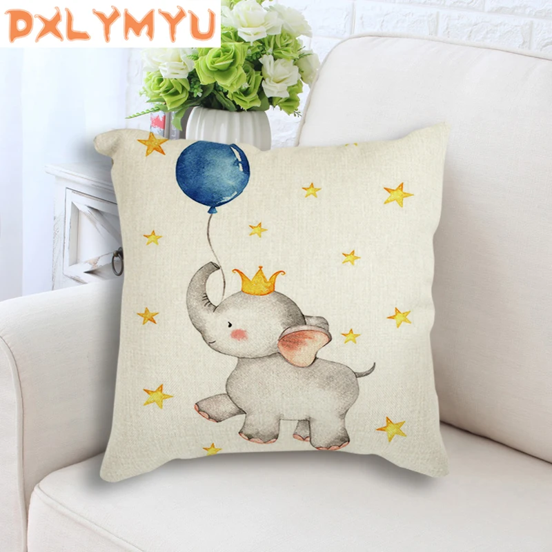 

Watercolor Elephant Printed Pillow Cases Linen Cotton Seat Cushions Cover Nordic Kids Decoration Decorative Pillowcases 45x45