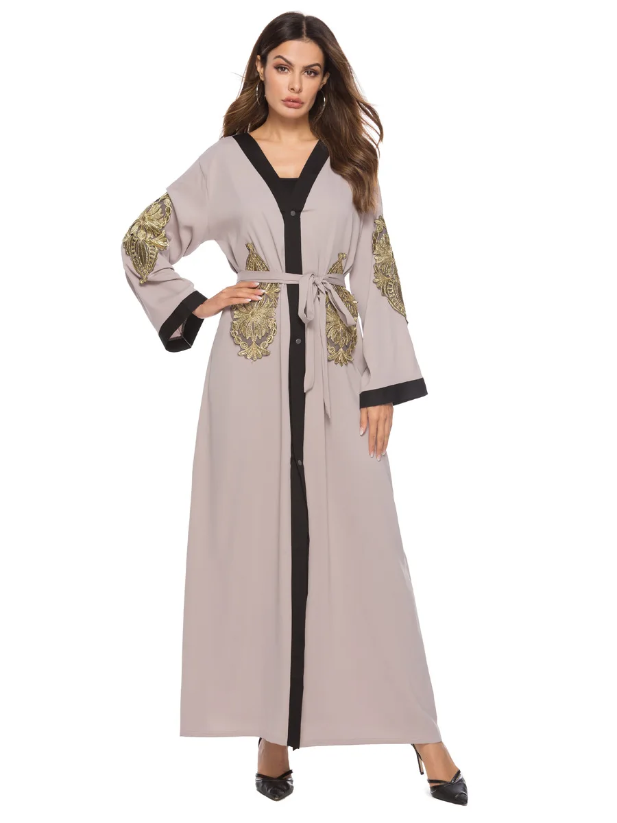 Для женщин летние макси платье на шнуровке с длинным рукавом вышивка Открыть стежка мусульманских Абаи с поясом Дубай ОАЭ арабский Рамадан