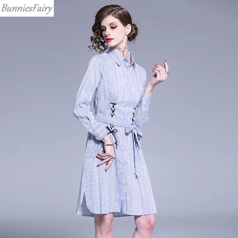 

BunniesFairy 2019 Spring New Women Elegant Light Blue Vertical Striped Bandage Shirt Blouse Dress Turn-down Collar with Sash