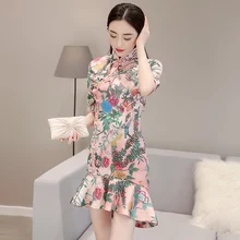 2018 new arrival chinese female qipao short style cheongsam women traditional silk satin dress dragon&phenix