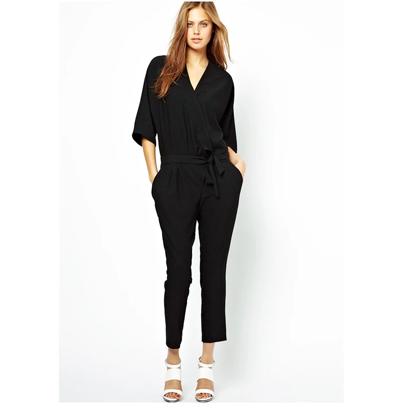 Women Full length Formal Vantage Jumpsuits V neck Pocket Lace up Loose