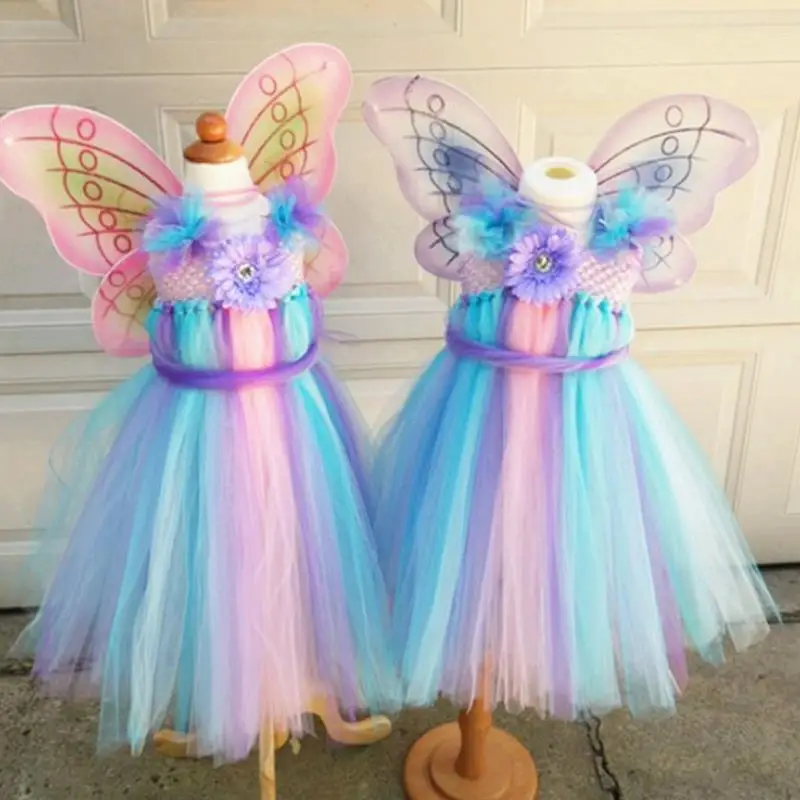 

2019 Real Sale Girls Rainbow Fairy Tutu Dress With Wings Princess Kids Girl Party Halloween Butterfly Cosplay Fancy Costumes