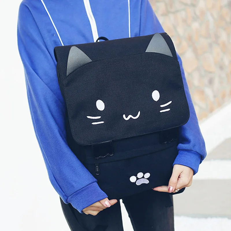 Women Cute Cat Backpack Canvas Girl School Backpacks Kawaii Cartoon Large Capacity Student Rucksack Lovely Casual Mochila BP0200 (11)