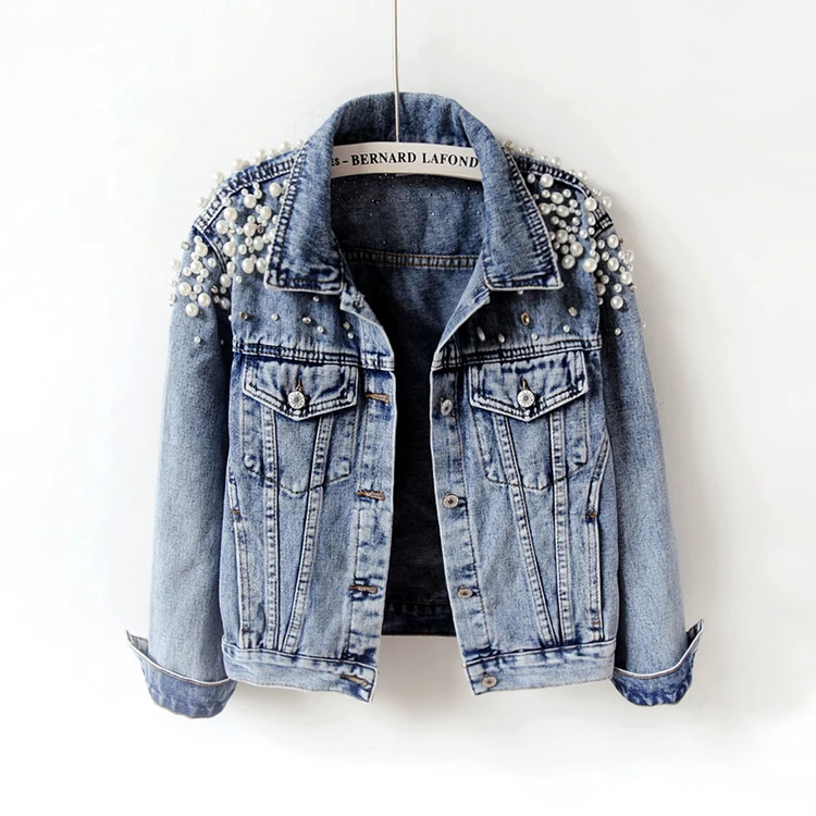 Günstig Frühling Herbst Frauen Grundlegende Mäntel Frauen Denim Jacke Perlen Perlen Mode Jeans Mantel Lose Langarm Jacken 898