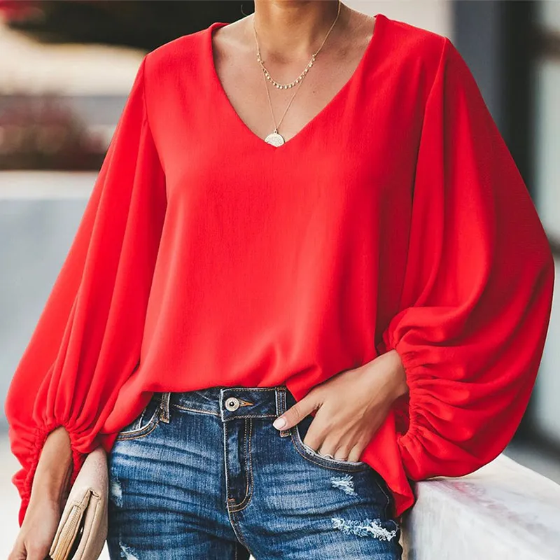 

Chiffon V Veck Women's Blouse Tops Lantern Long Sleeve Plain Loose Summer Shirts Ladies 2019 Oversized Elegant Blouses Female