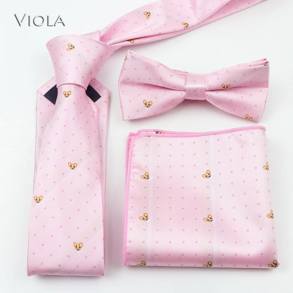 Lovely Corgi Teddy Doggy Jacquard Neck Tie Set 6cm Men Tie Butterfly Business Bowtie Hankie Pocket Square Accessory Gift