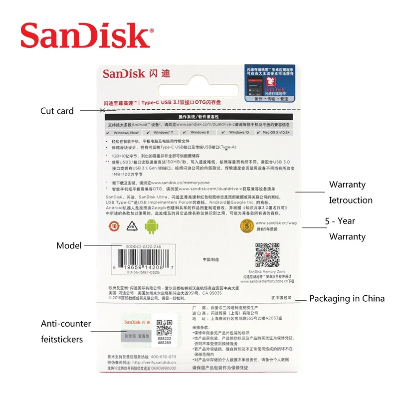 Sandisk SDDDC2 Extreme type-C 128 Гб 64 Гб двойной OTG USB флеш-накопитель 32 ГБ флеш-накопитель USB карта Micro USB Flash type C 16 Гб