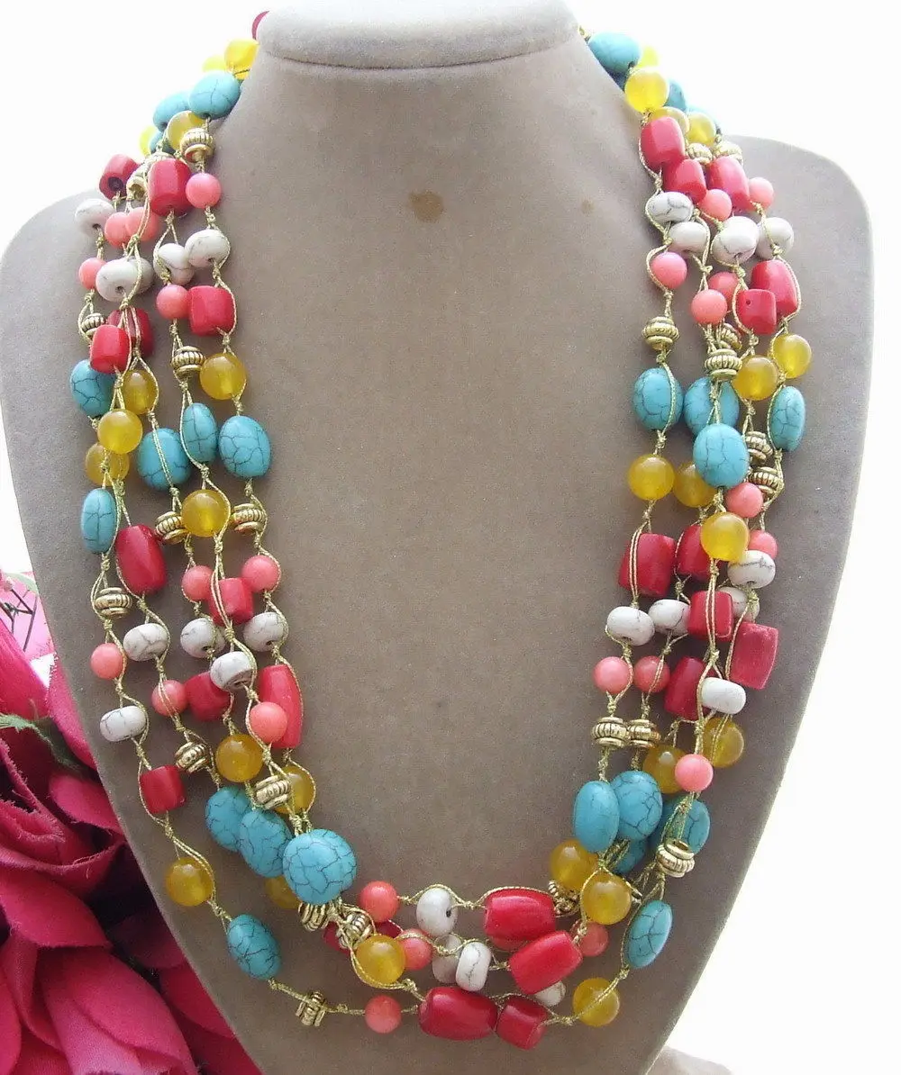 

1050 5 Strands Turquoise&Coral&Jade Necklace