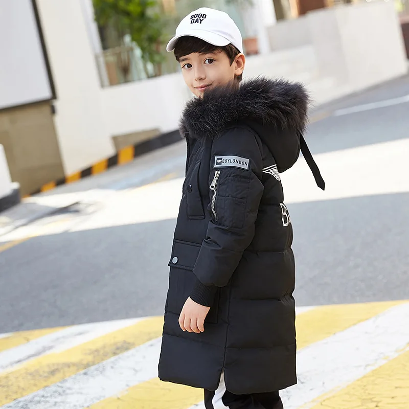 

Children's Boys Parker Clothes 2018 Children's Wear Fur Collar Long section Warm hooded White Duck Down 6 8 10 12 14 years