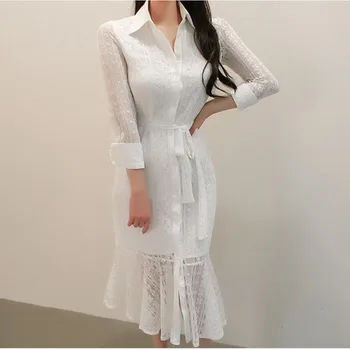 

Long Sleeve Turn Down Collar Korean White Dress for Women Lace Patchwork Trumpet Shirt Dress Women Singer Button Ladies Dresses