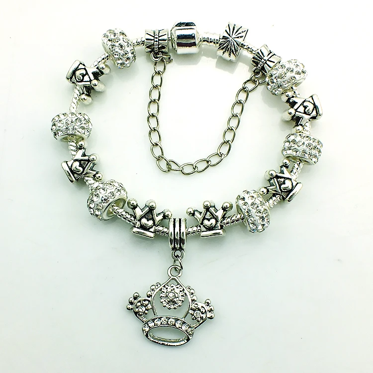 

JINGLANG Fashion Silver Plated Link European White Rhinestone Beaded Infinity Crown Charms Bracelets For Women DIY Jewelry