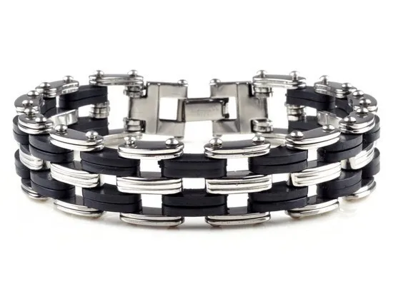 New-Men-s-High-Quality-Stainless-Steel-Bracelet-Silver-Link-Black-Rubber-Bangle (7)