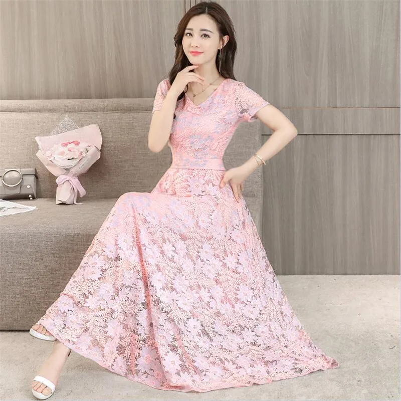 

Big Size M-4XL Short Sleeves Maxi Party Lace Dress Women Summer Dresses 4 Colors 2019 Elegant Slimming Long Vestidos Pink Green