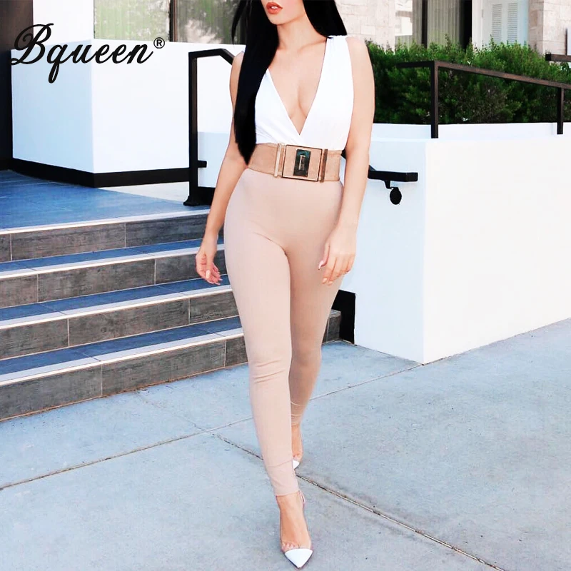 Bqueen Новый женский комбинезон лето белый и коричневый без рукавов с v образным