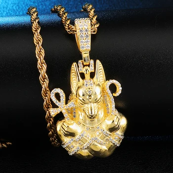 

D&Z Bling Iced Out Micro Paved CZ Ancient Egyptian Anubis with Ankh Cross Pendant Necklace For Men Hip Hop Accessories