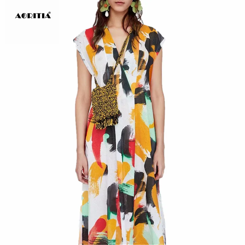 

2019 Women Summer Sleeveless Deep V-neck Dresses Print Vintage Dress