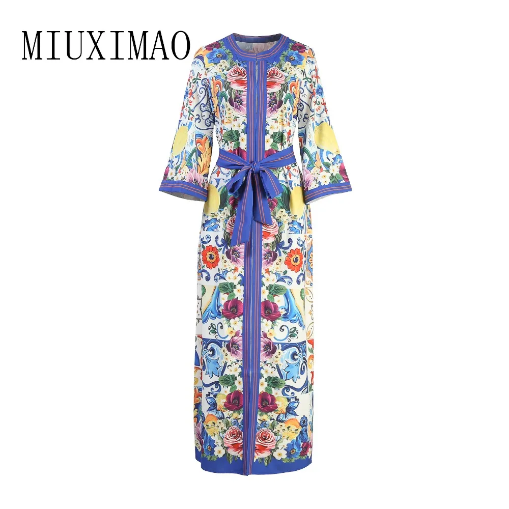 

2018 Spring & Summer Latest Fashion Loose O-Neck Three Quarter Sleeve Print Sashes Elegant Ankle-Length Long Dress Women