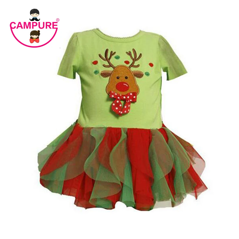 

2016 Fashion Baby Girl Christmas Dress 2-7Yrs Girl's Short Sleeve Merry Christmas Lace Dress Kids Cotton Cartoon deer Tutu Dress