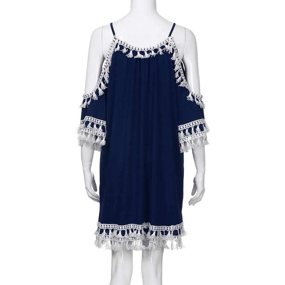 2XL размера плюс женские богемные пляжные платья сексуальное кружевное платье с открытыми плечами и кисточками милое асимметричное летнее платье# G6