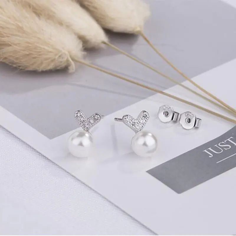 Anenjery, модные 925 пробы серебряные серьги для женщин, студенческие микро циркониевые серьги с сердечком, серьги-гвоздики из искусственного жемчуга, S-E563