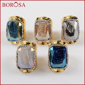 

BOROSA Natural Druzy Geode Titanium Rainbow Drusy Gold Band Ring Crystal Rhinestone Paved Fashion Gems Ring Jewelry JAB798