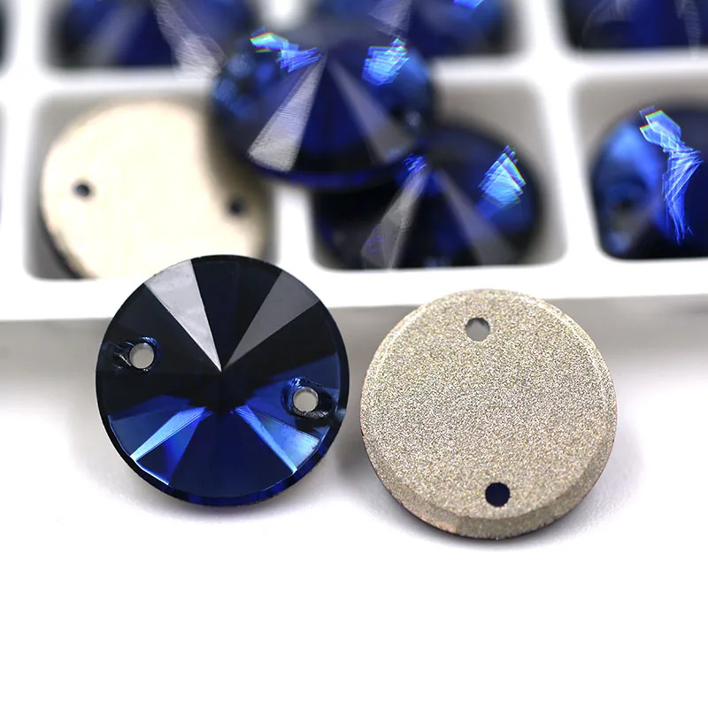 

New High quality flatback glass sew on rhinestones double hole Round shape Ink blue crystal rhinestone diy clothing accessories