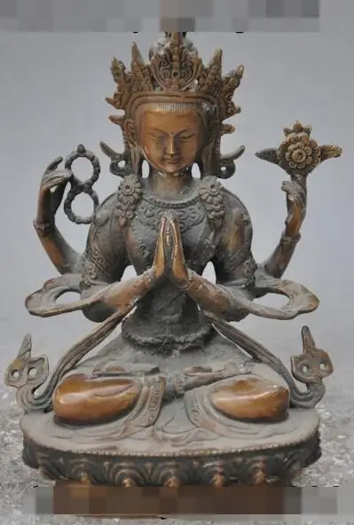 

S02422 8"china buddhism fane bronze 4 Arms Chenrezig Kwan-Yin Bodhisattva buddha statue (B0328)