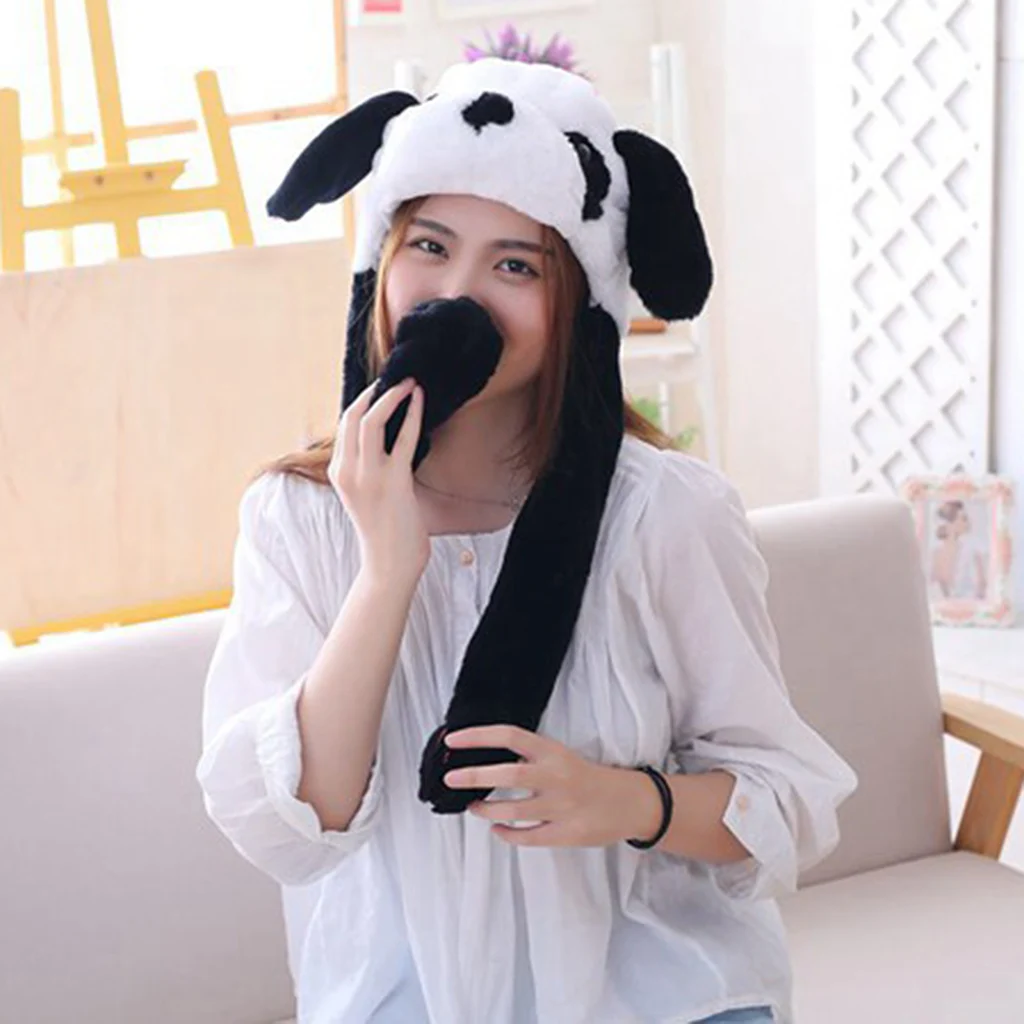 Black White Panda Hat Ear Moving Jumping Hat Funny Animal Design Plush Warm Hat Cap for Womens Girls